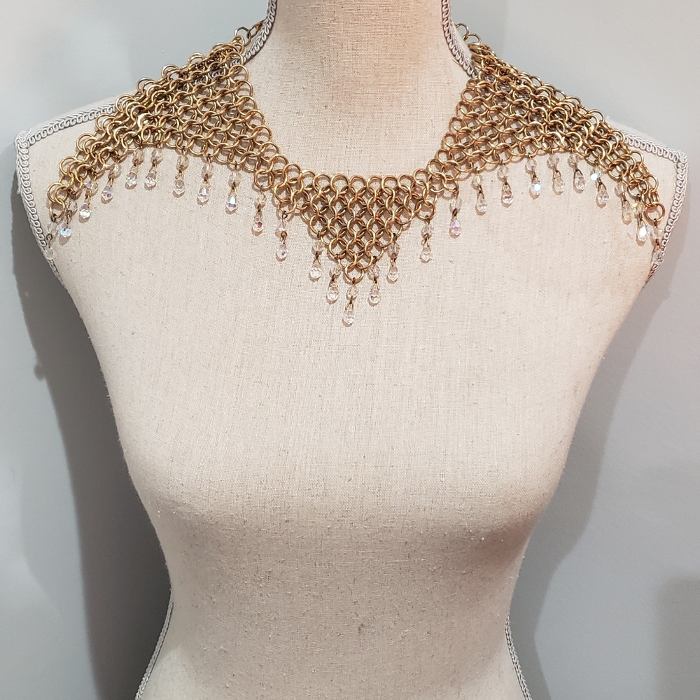 Vtg Egyptian Revival Deco Arora Borealis Drop Crystal Bib Collar Chain Necklace